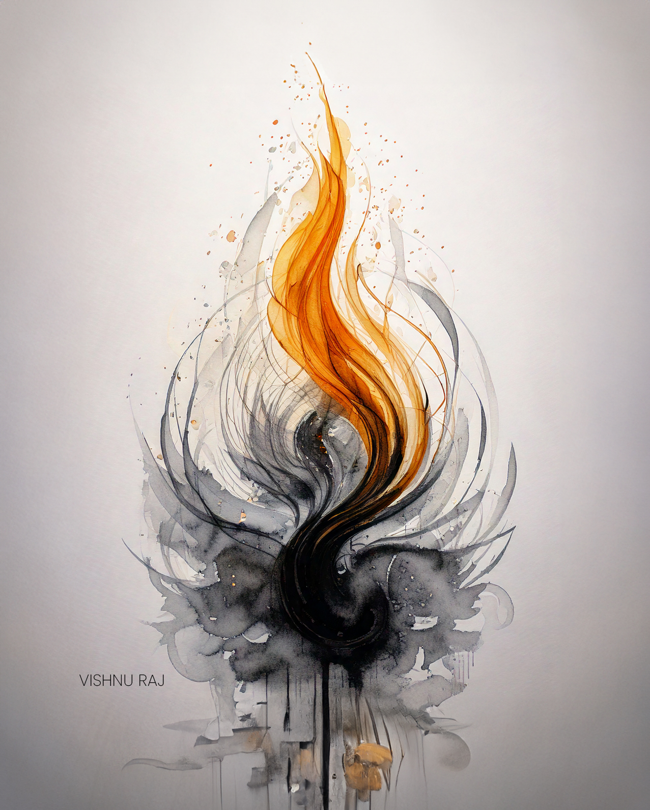 Orange flame-like sweep rising from black and grey curves against an off-white background.