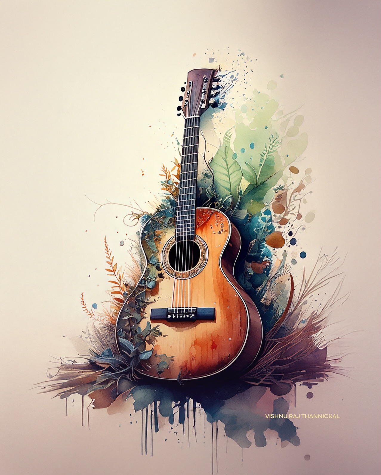An upright acoustic guitar surrounded by leaves, branches and colourful paint-like marks.