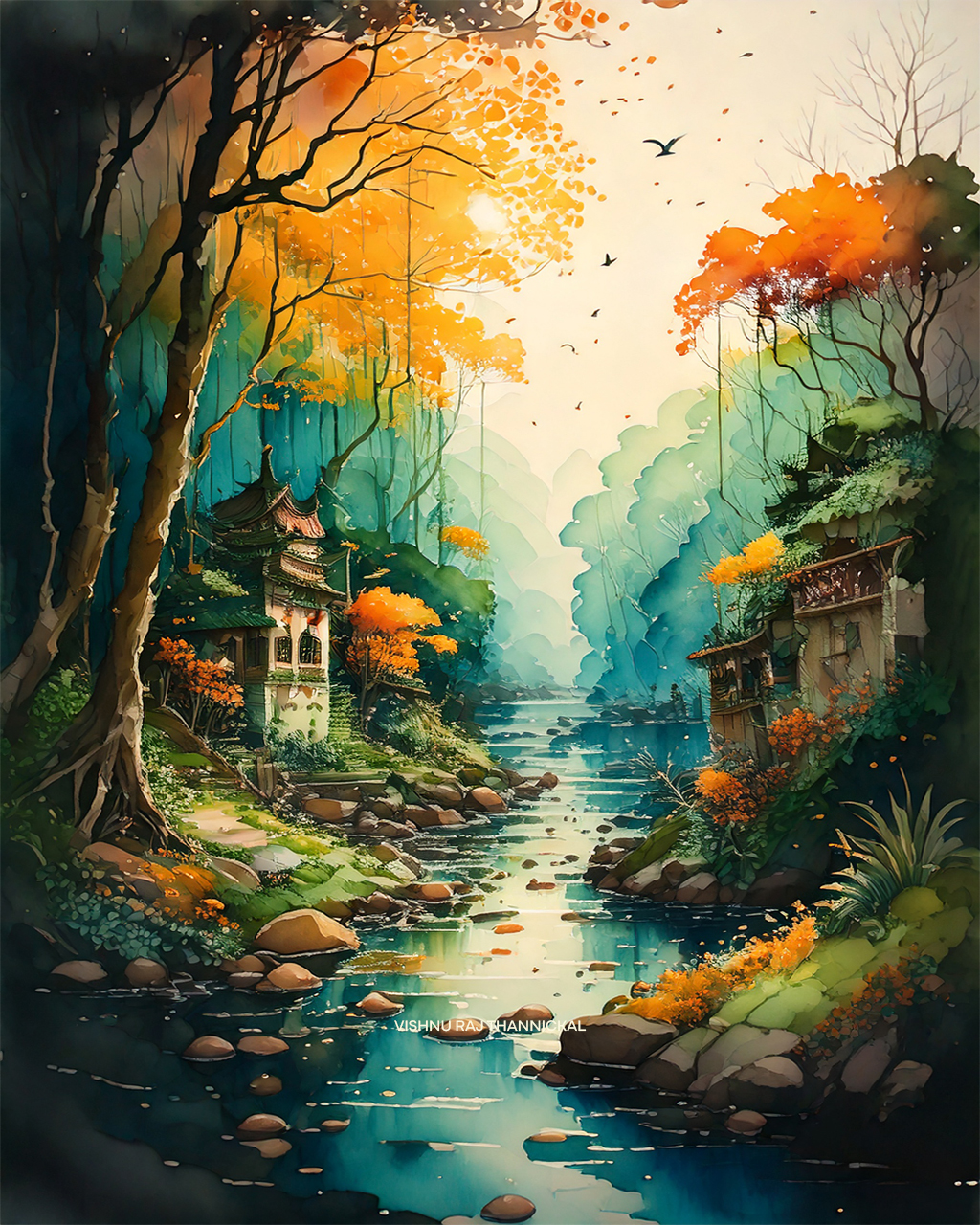 A stream winding between stones, trees with orange foliage and small buildings.