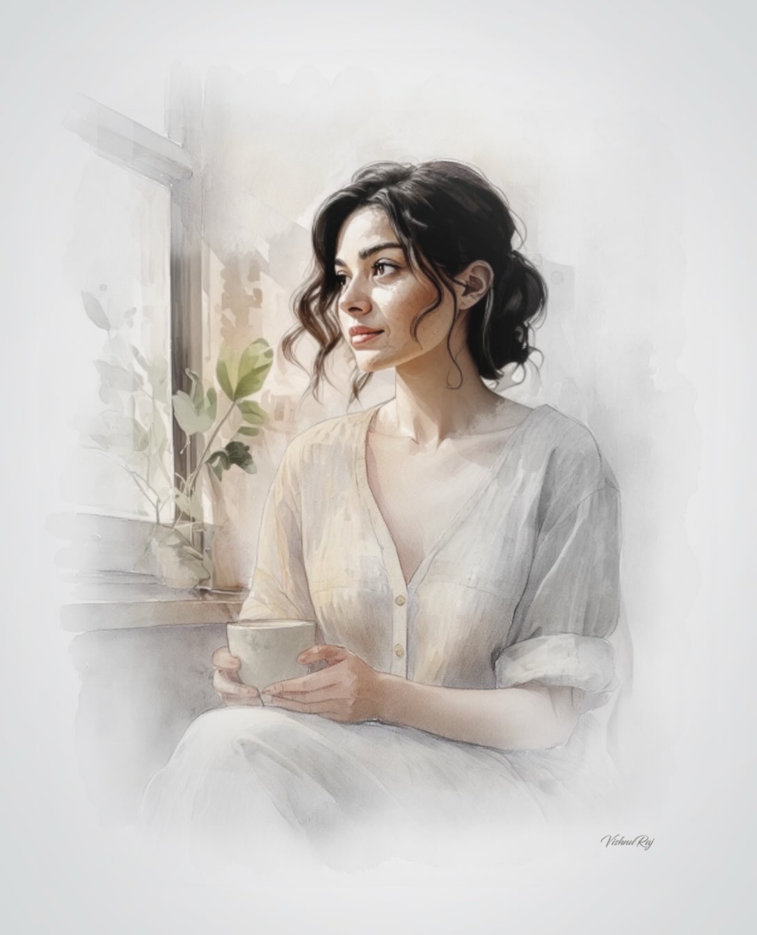 Soft watercolor-style portrait of a woman seated by a window holding a cup with both hands, looking toward the window; neutral white/gray/beige palette; potted plant beside the window.
