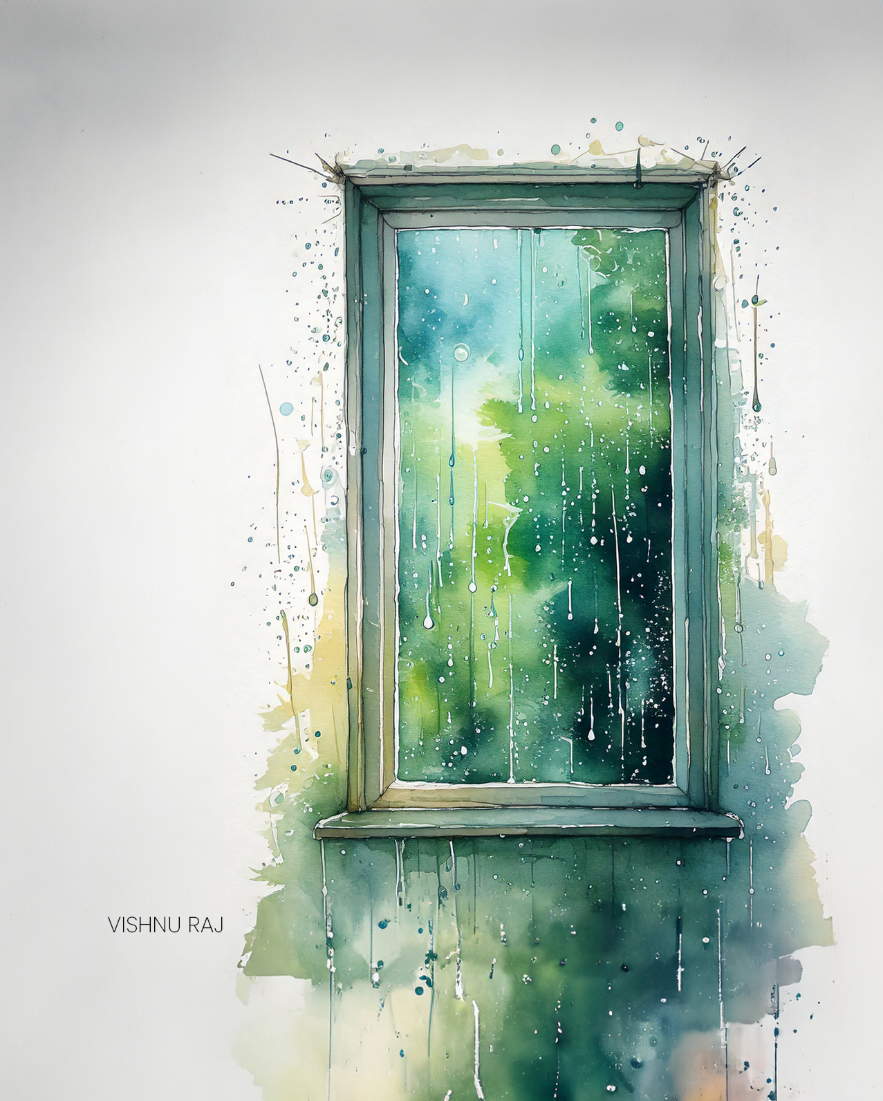 A green-framed window with rain droplets and blurred green and yellow shapes beyond the glass.