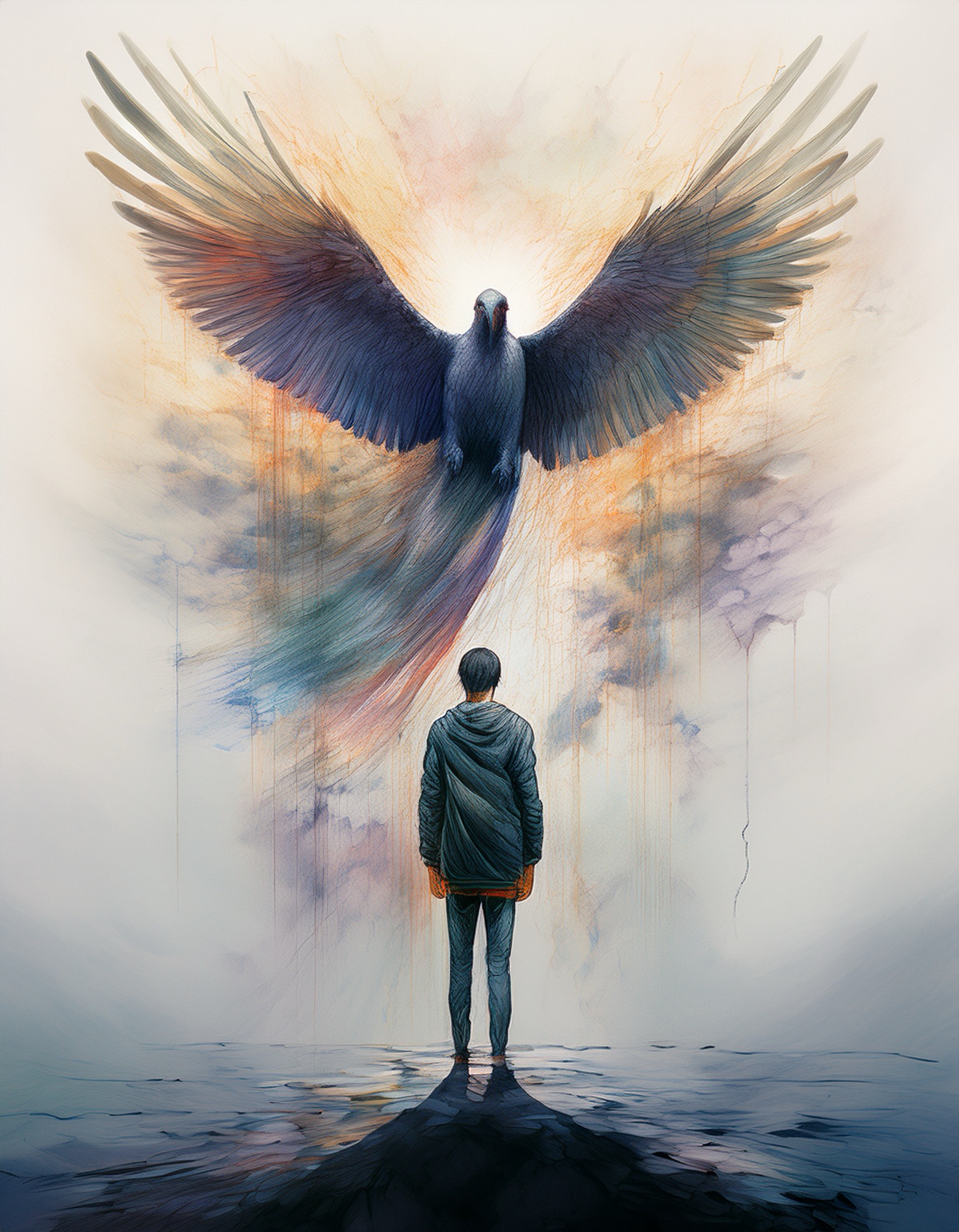 A person seen from behind facing an enormous spread-winged bird, with a long dark shadow below.