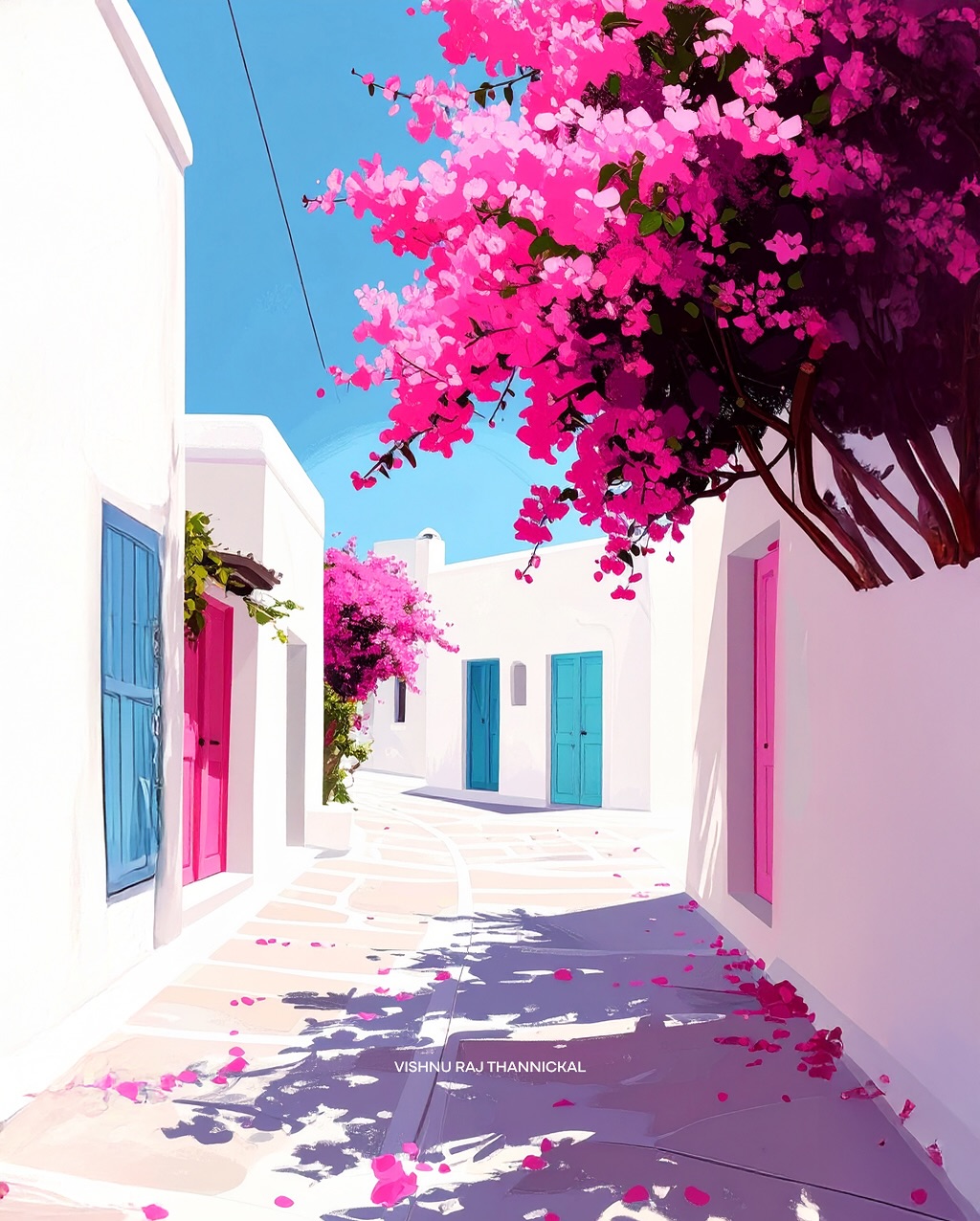 White lane with bougainvillea spilling over a wall.