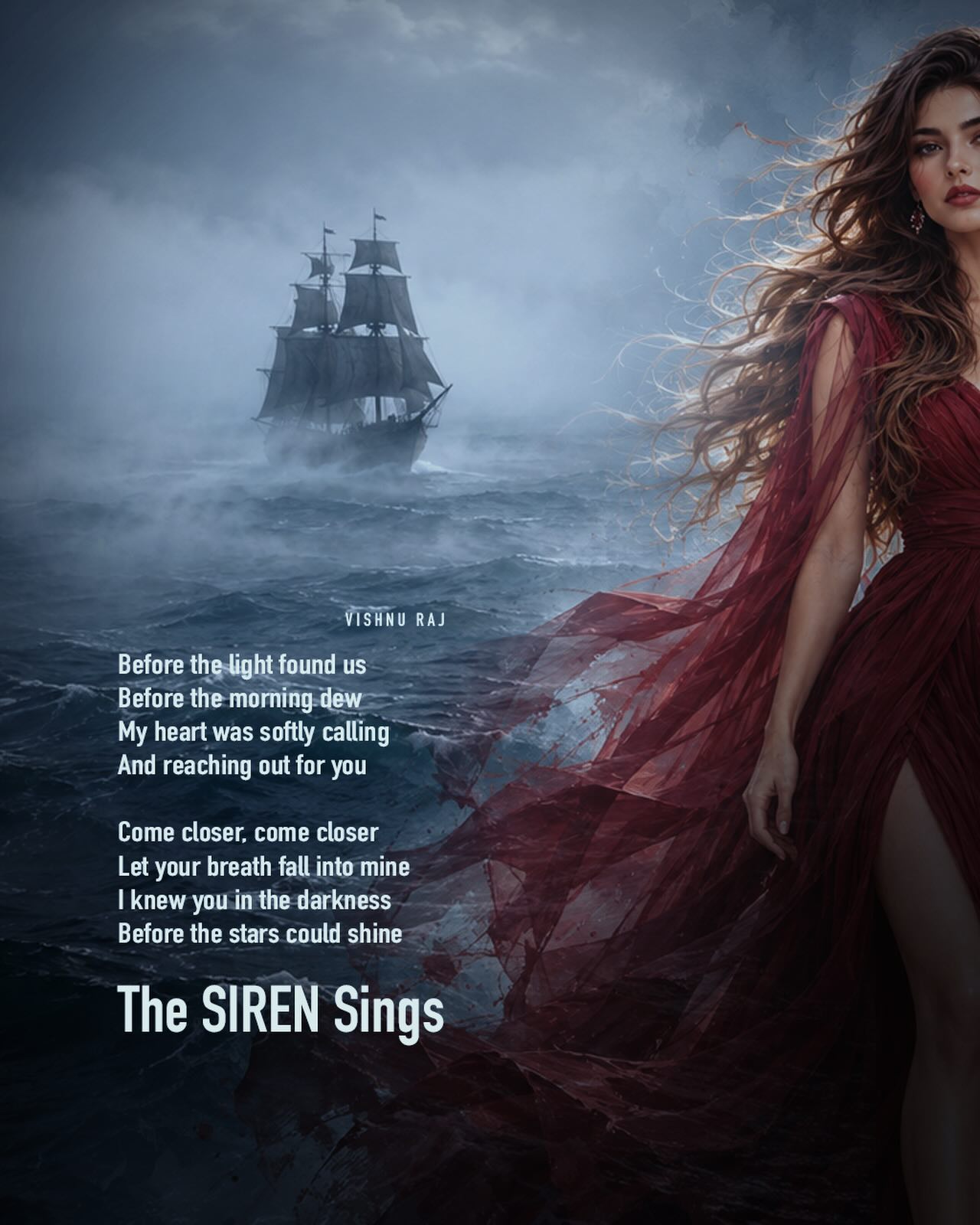 A woman in a burgundy dress beside a misty sea and distant sailing ship, with song text.