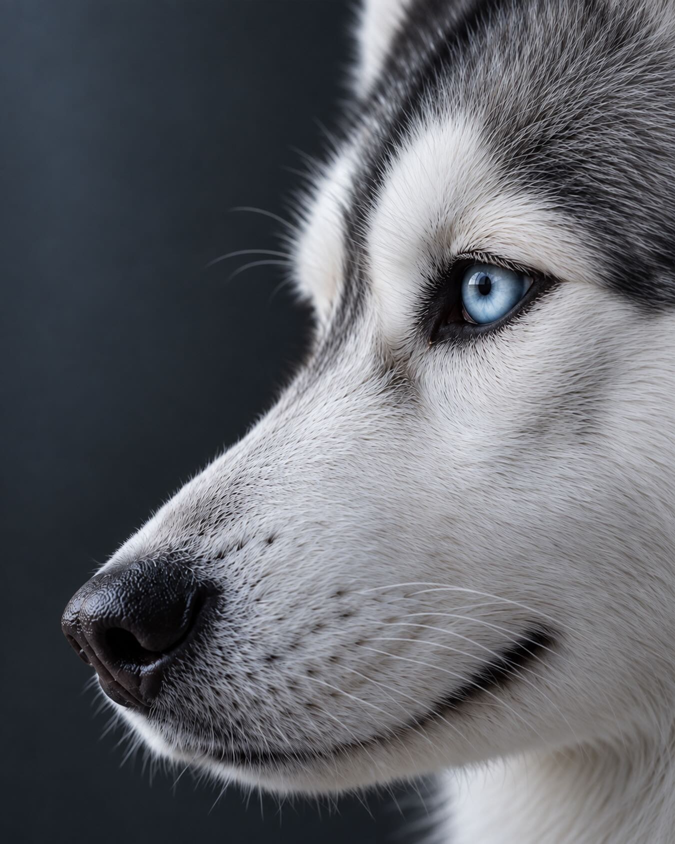 Close-up side profile of a grey-and-white canine with a pale blue eye.