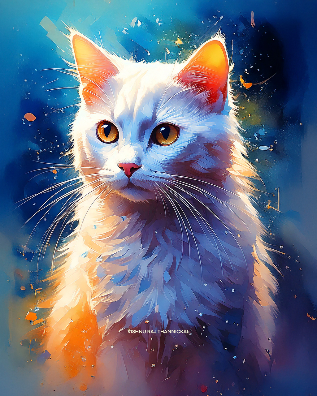 A white cat with amber eyes against a blue background with orange highlights.