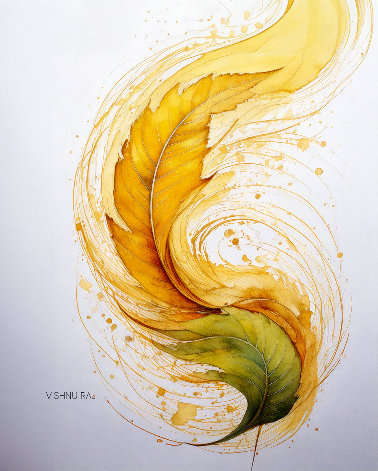 A golden leaf and a green leaf curling around one another with fine swirling lines.