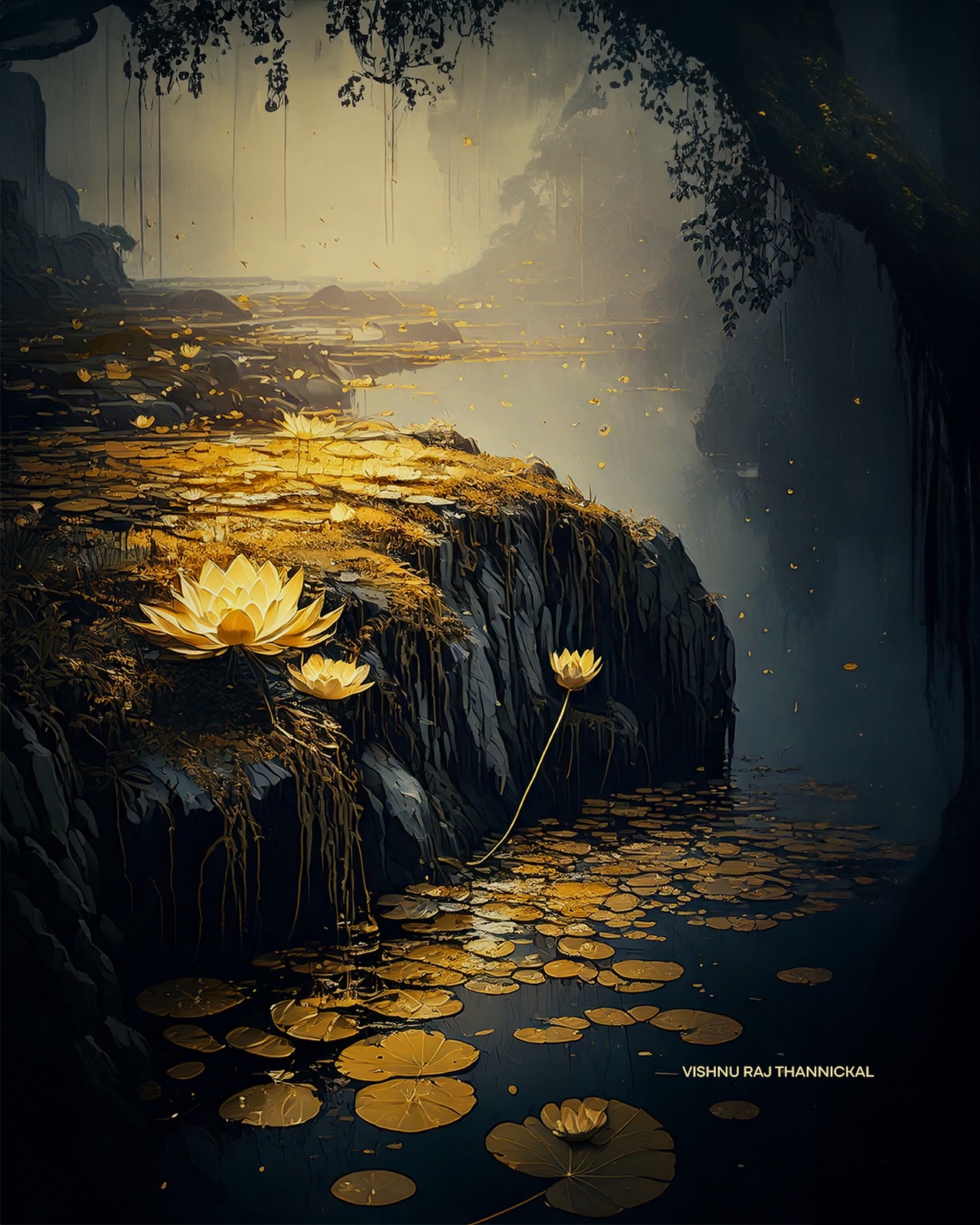 Golden lotus-like flowers and round leaves beside dark water beneath overhanging branches.