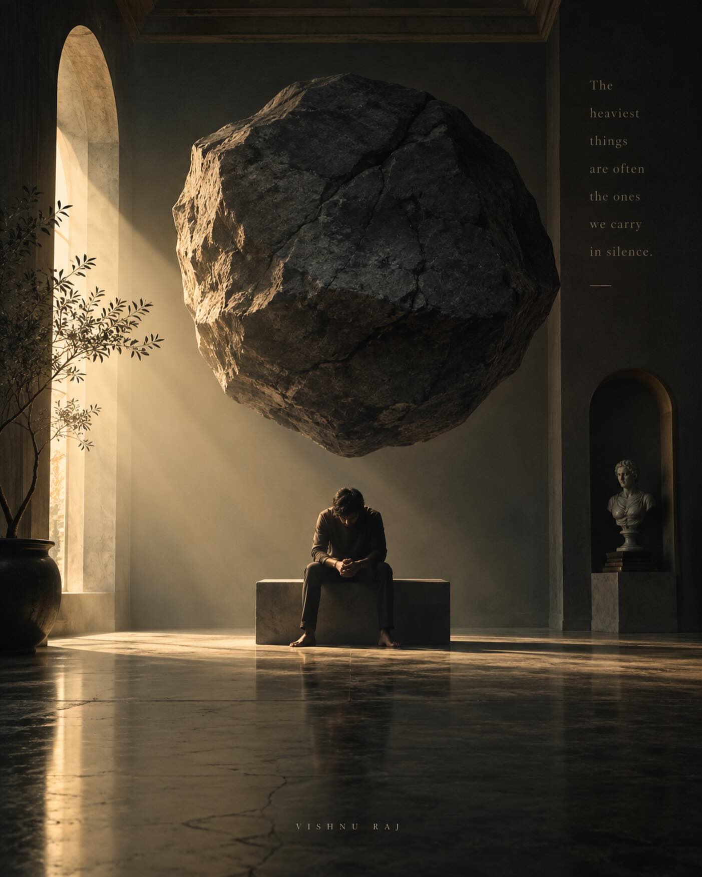 Head‑bowed figure seated in a spacious dark hall with warm side light underneath an enormous floating boulder; image overlay reads: “The heaviest things are often the ones we carry in silence.”